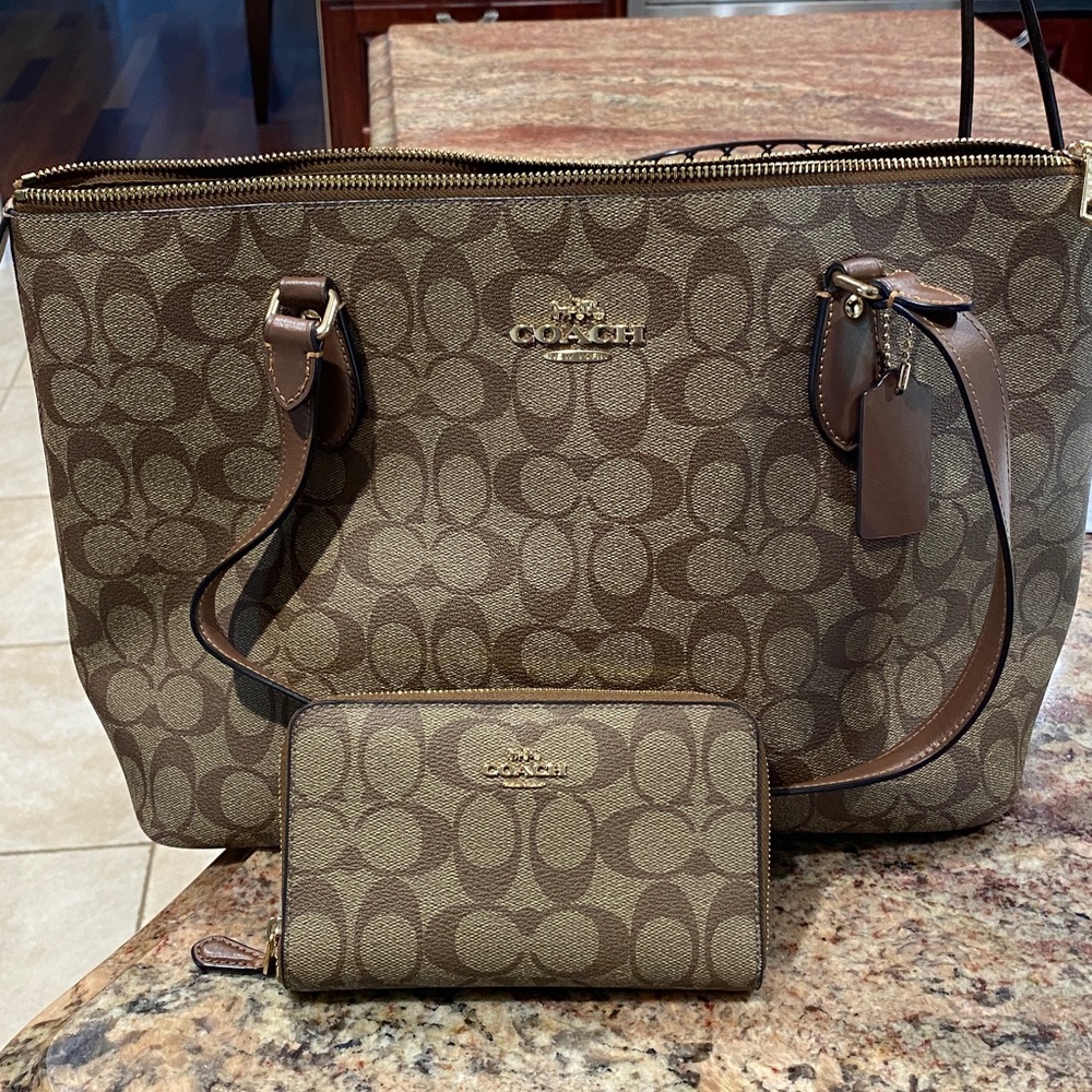 Coach Brown Signature Tote Bag and Wallet